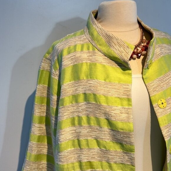 Lafayette 148 Blazer Jacket Womens Green Cream Stripe Linen Blend 3X - Picture 4 of 13